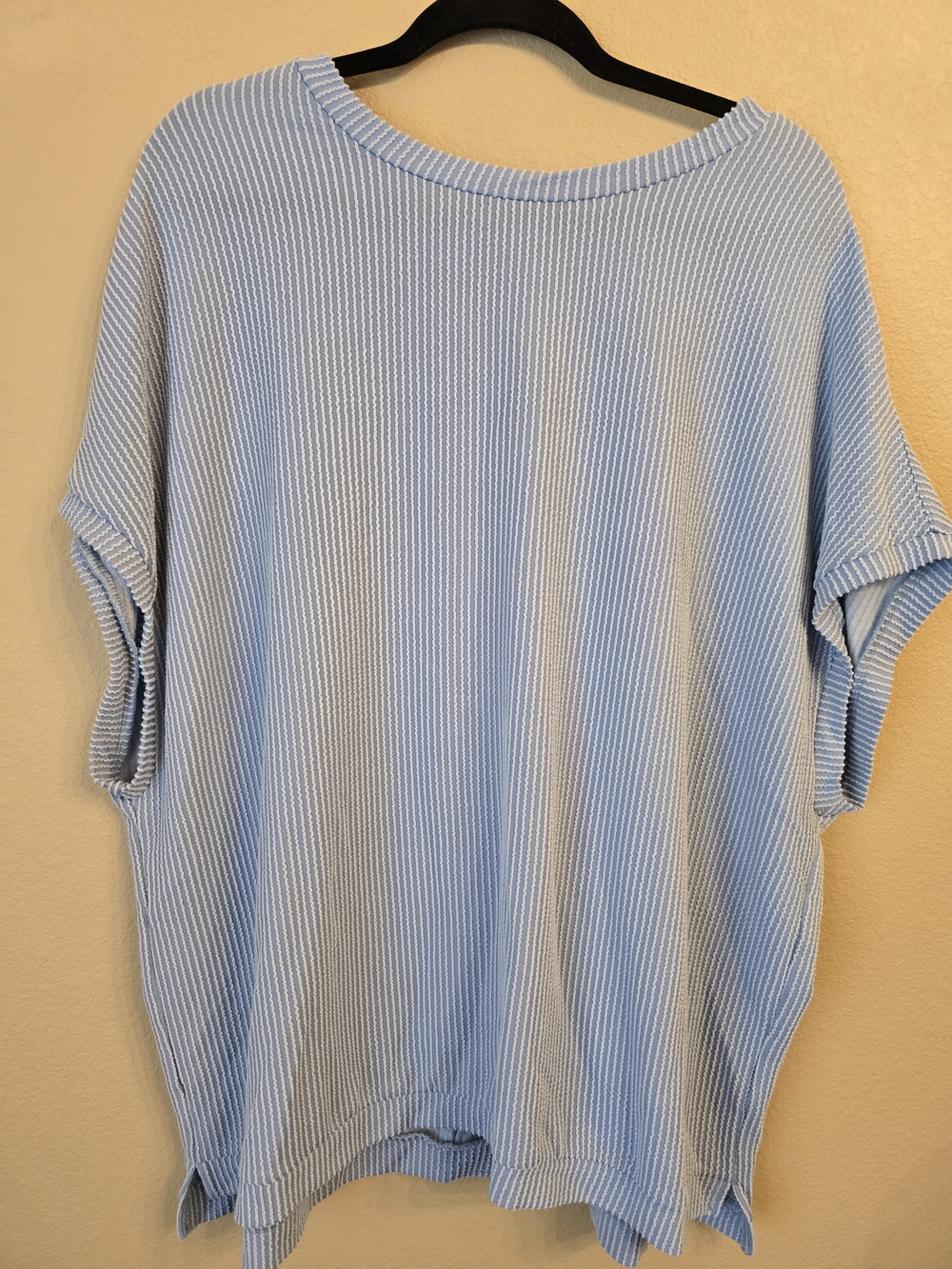 Light Blue Ribbed Short Sleeve Oversized Knit Tunic Top - Women Size XL